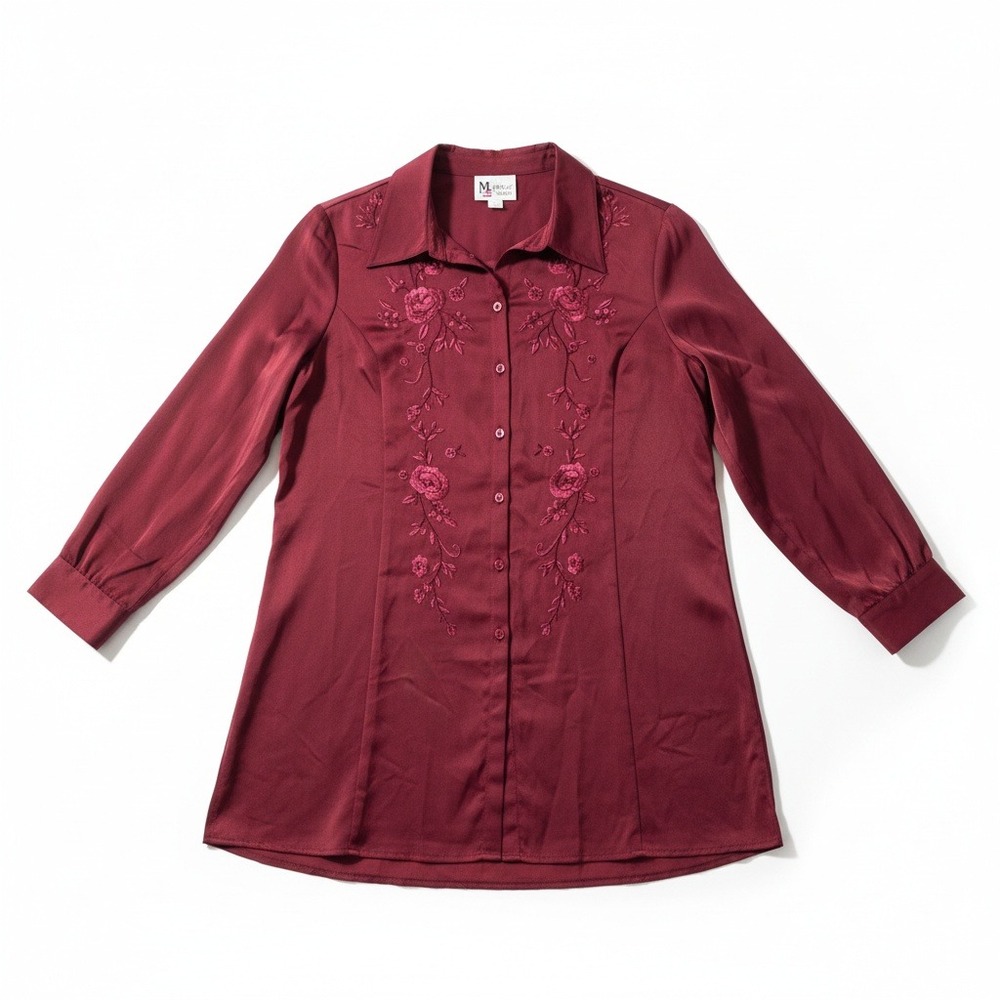Maggie Sweet Burgundy Floral Embroidered Button Down Tunic Top Petite Large 5755
